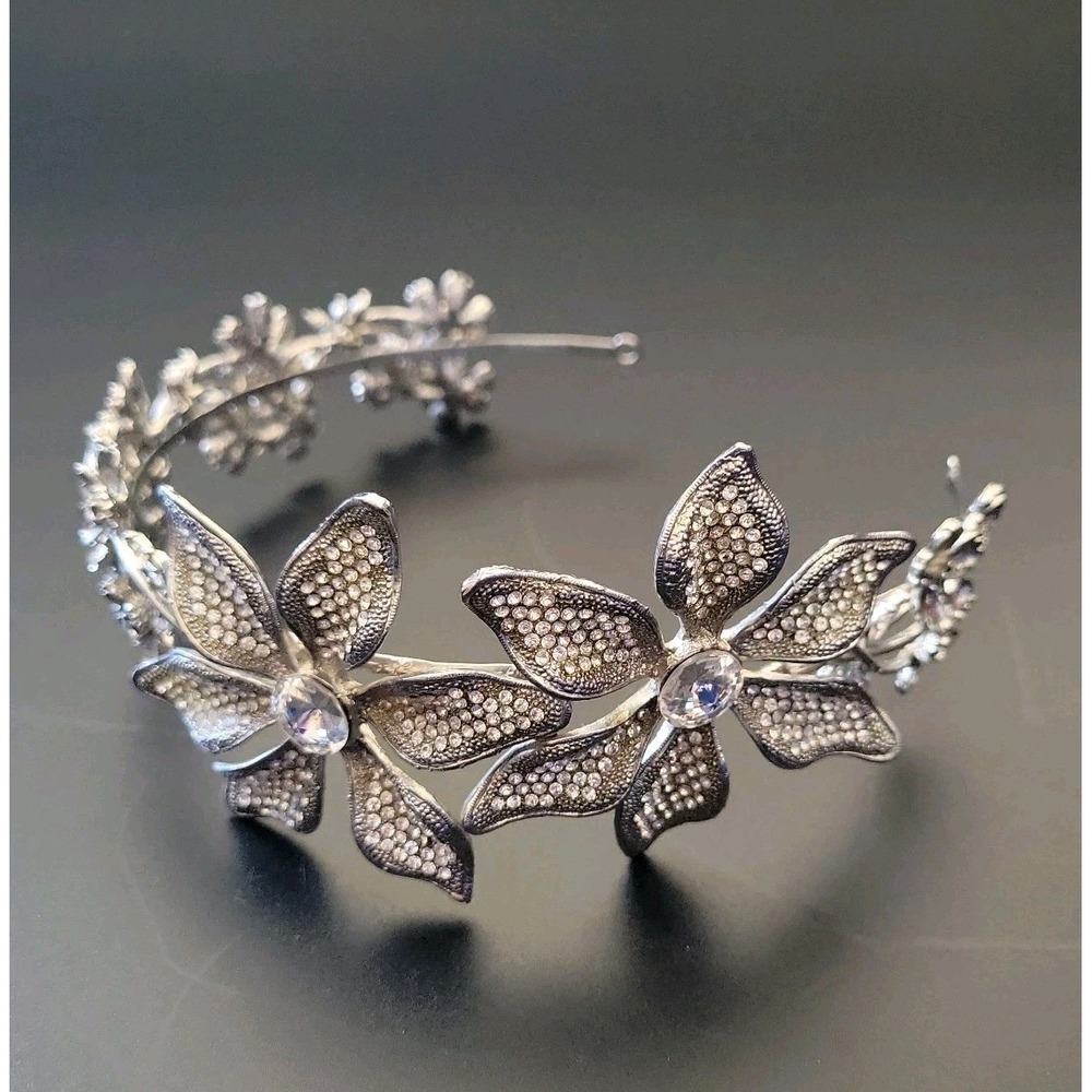 Silver Side Flower Embellished Rhinestone Bridal Headband Glam Wedding